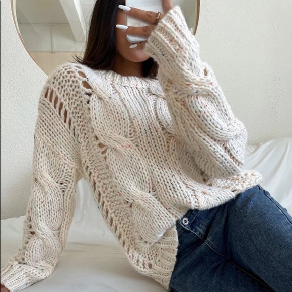 Sweater chunky chic cream white long sleeve crew neck thick cable knit top - Picture 4 of 6